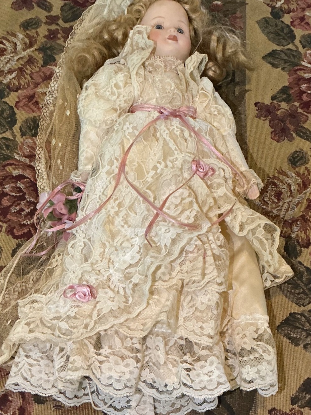 Vintage Bride Porcelain doll with Curly Blonde Hair and Blue Eyes